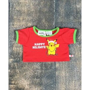 Build A Bear Workshop Stuffed Animal T Shirt! Happy Holidays Pikachu Pokémon Red